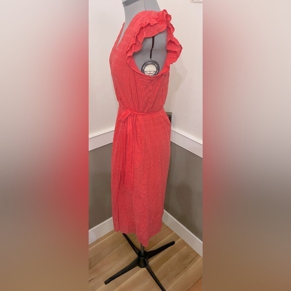 A New Day Faux Wrap Dress Sz Small Coral Ruffle Sleeve PINK Midi Textured Lined - Picture 6 of 12